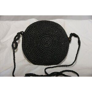 Vintage 1960's Crochet Round Purse Shoulder Crossbody Bag Black Handmade Zipper